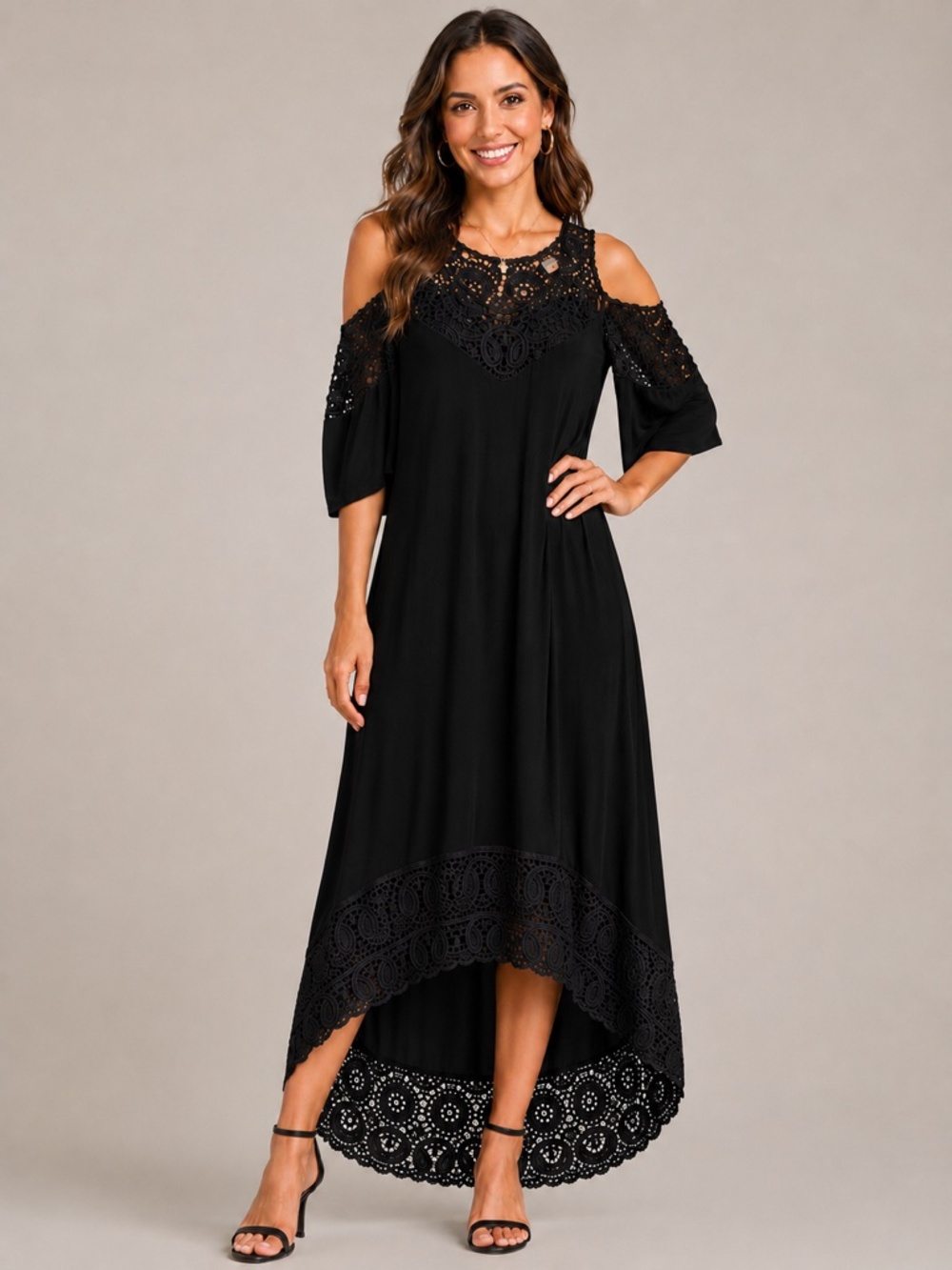 Peter Nygard - Black Cold-Shoulder Crochet Maxi Dress - SzM